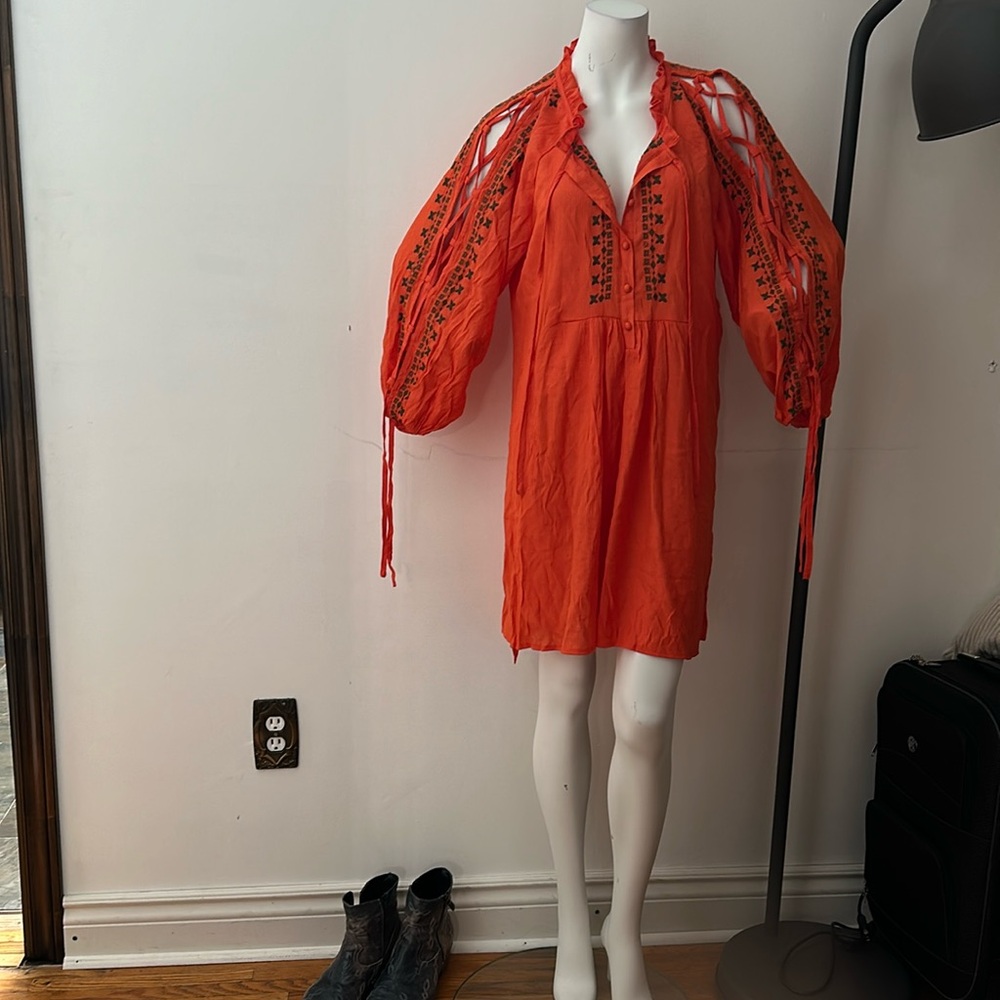 NWT orange embroidered summer tunic dress high low crinkle crepe